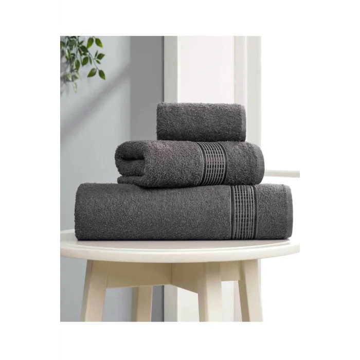 3 lü Banyo Havlusu Seti Pamuklu Ritim Antrasit
