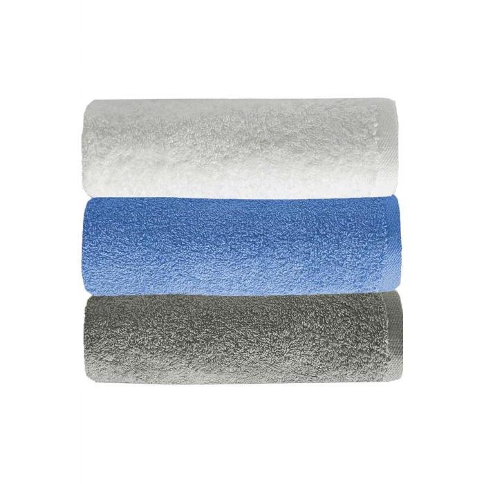 3 lü Düz Renk El Yüz Havlu Seti &#37;100 Pamuklu 50x90 Cm Gri-Mavi-Beyaz