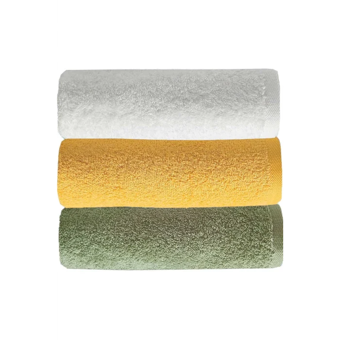 3 lü Düz Renk El Yüz Havlu Seti &#37;100 Pamuklu 50x90 Cm Yeşil Sarı Beyaz