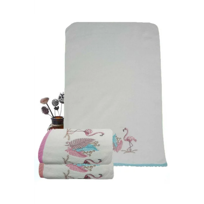 3 Lü Renkli Kuğu Nakışlı Su Taşı Kenar İşlemeli Havlu Seti 50X90 Cm