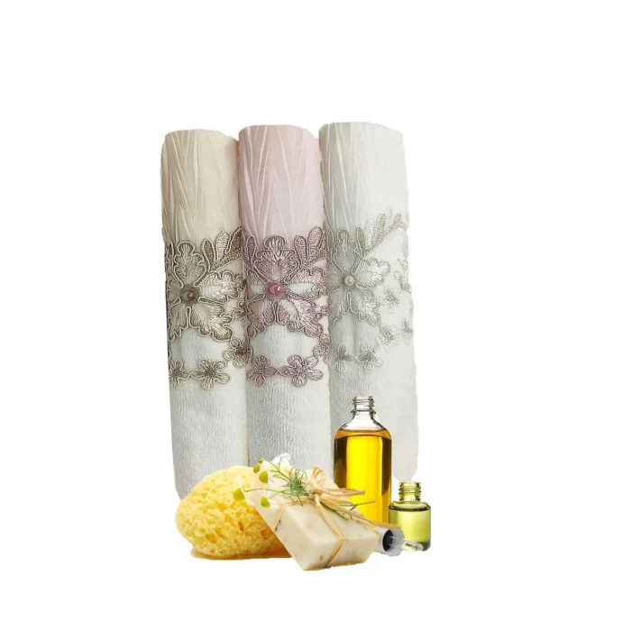 3 Lü Tül Dantel İşlemeli Boncuklu Havlu Seti 50X90 Cm