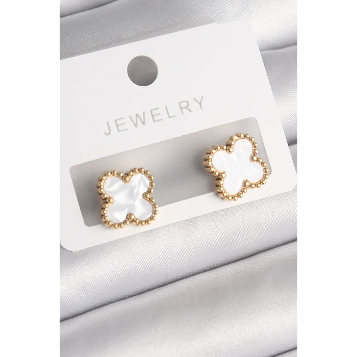 316L Çelik Gold Renk Beyaz Minelik Yonca Model Kadın Küpe