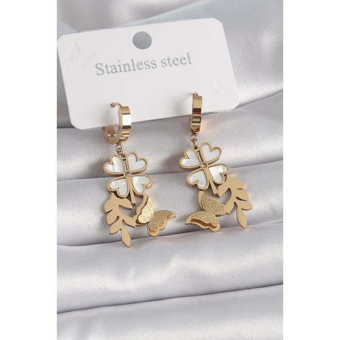 316L Çelik Gold Renk Beyaz Sedefli Yonca Simli Kelebek Figür Kadın Küpe