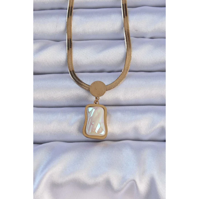 316L Çelik Gold Renk İtalyan Zincir Ezme Taşlı Kolye