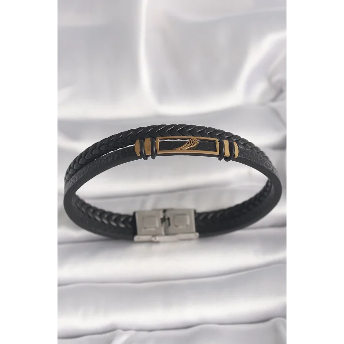 316L Çelik Gold Renk Kanat Aksesuarlı Siyah Burgu Model Deri Kordon Erkek Bileklik