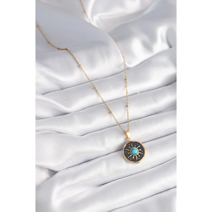 316L Çelik Gold Renk Mavi Boncuk Güneş İşleme Madalyon Model Kadın Kolye