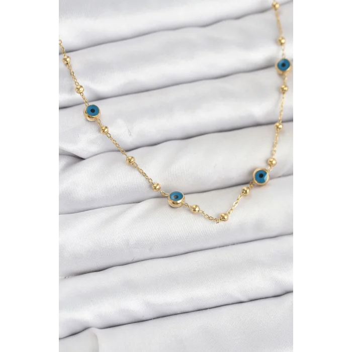 316L Çelik Gold Renk Nazarlı ve Topçuklu Model Kadın Kolye