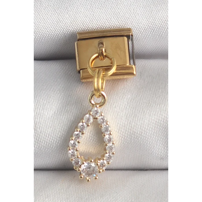 316L Çelik Gold Renk Sallantı Zirkon Taşlı Damla Model Nomination Charm