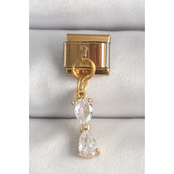 316L Çelik Gold Renk Sallantı Zirkon Taşlı Kurdele Model Nomination Charm