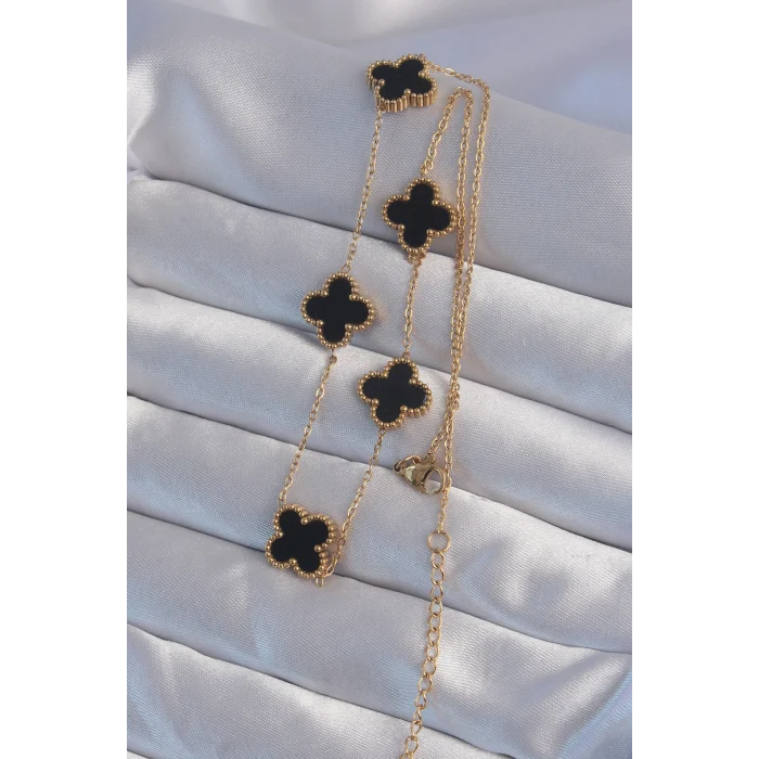 316l Çelik Gold Renk Siyah Mineli Yonca Kolye