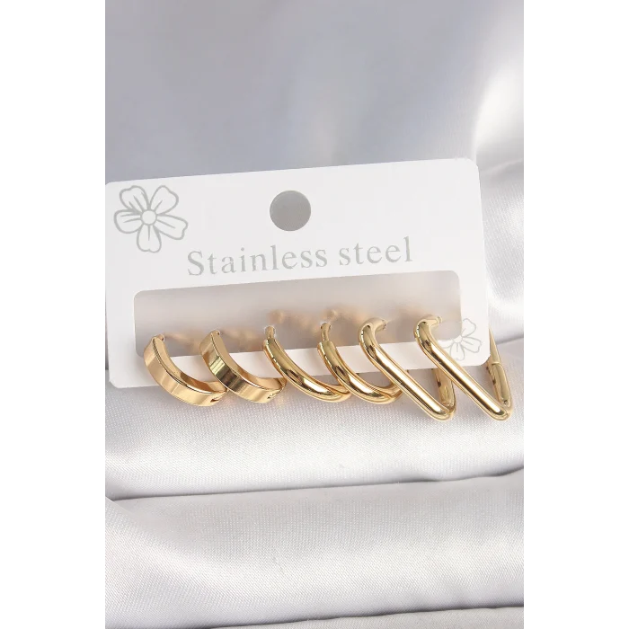 316l Çelik Gold Renk Üçgen Halka Model Kadın Küpe Seti