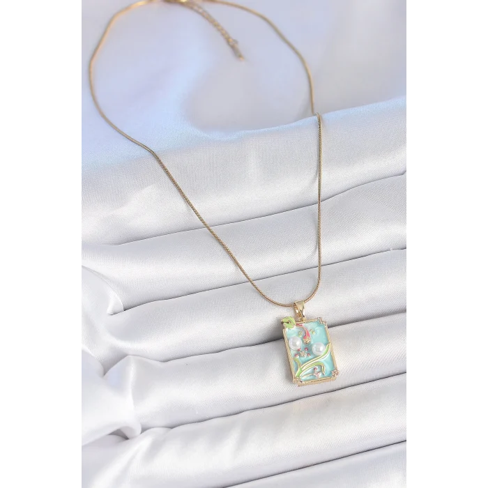 316l Çelik Gold Renk Zincir Mavi Mineli İncili Çiçek İşlemeli Portre Model Kadın Kolye