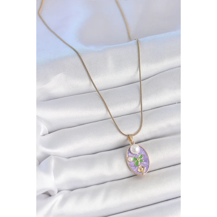 316L Çelik Gold Renk Zincir Mor Mineli Oval İncili Çiçek İşlemeli Portre Model Kadın Kolye