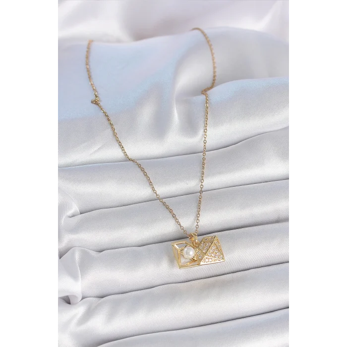 316L Çelik Gold Renk Zincir Zirkon Taşlı Açılır İncili Elmas Model Kadın Kolye