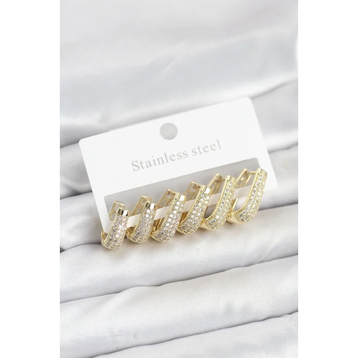 316L Çelik Gold Renk Zirkon Taşlı Damla Halka Küpe Seti