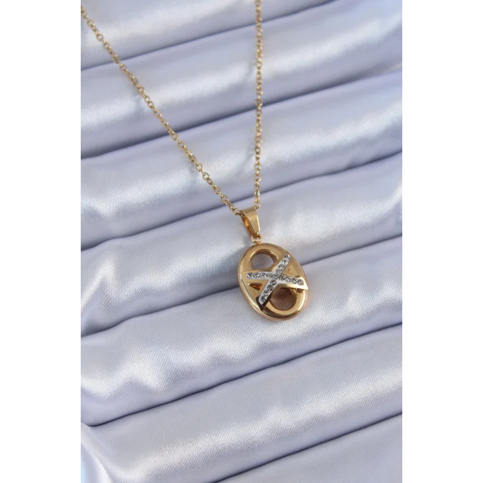 316L Çelik Gold Renk Zirkon Taşlı Kadın Kolye
