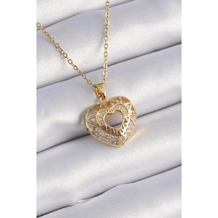 316L Çelik Gold Renk Zirkon Taşlı Kalp Model Vintage Kadın Kolye