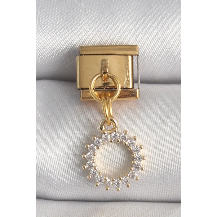 316L Çelik Gold Renk Zirkon Taşlı Sallantı Güneş Model Nomination Charm