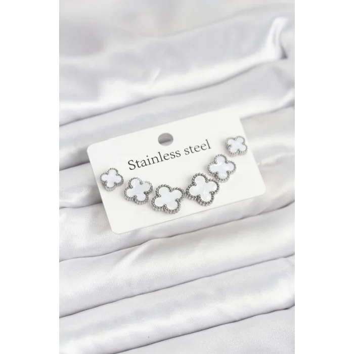 316L Çelik Gümüş Beyaz Renk 3 Boy Yonca Küpe Seti