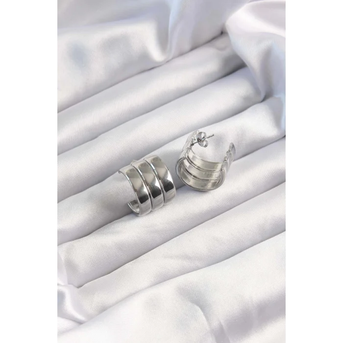316L Çelik Gümüş Renk 3lü Görünüm Bombe Model Yarım Halka Küpe