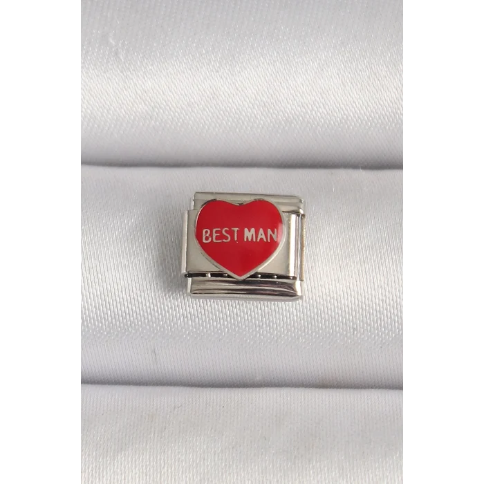 316L Çelik Gümüş Renk Best Man Yazılı Kırmızı Kalp İşlemeli Nomination Charm