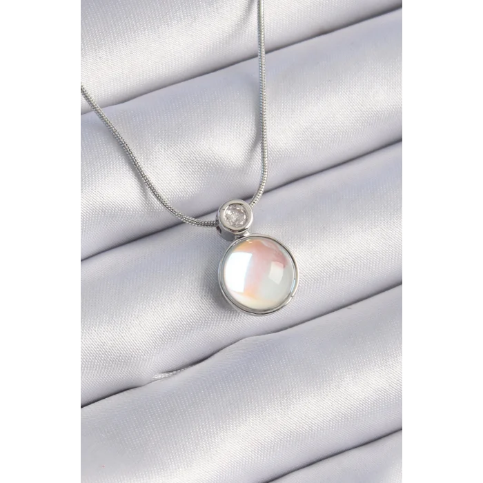 316L Çelik Gümüş Renk Beyaz Sedefli Vintage Model Kadın Kolye