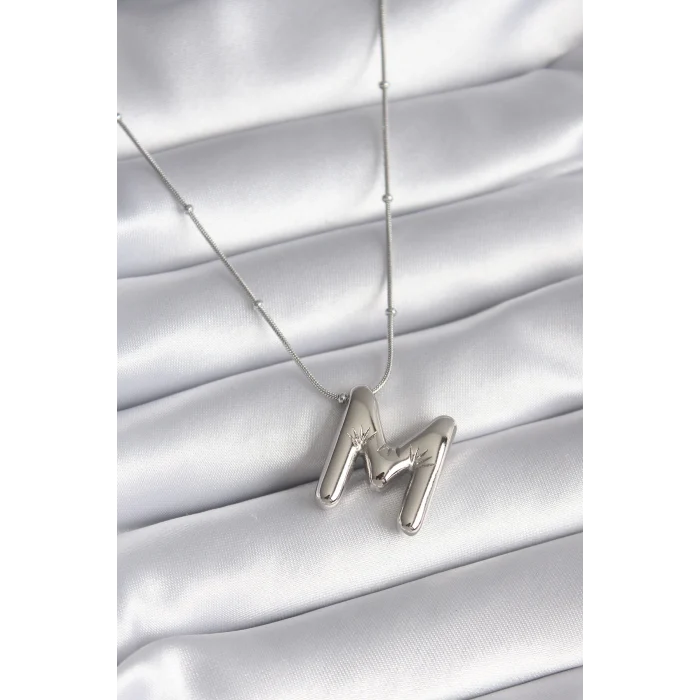 316L Çelik Gümüş Renk Bubble M Harf Model Kadın Kolye