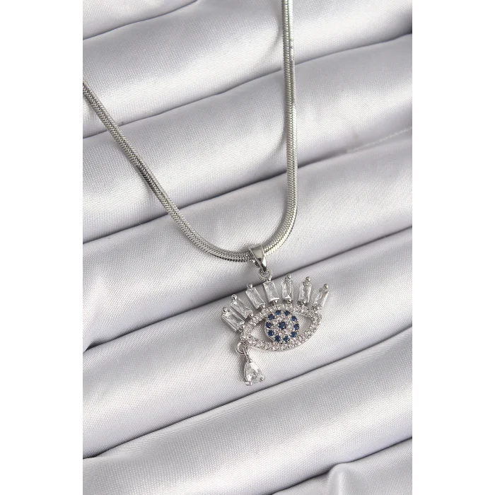 316l Çelik Gümüş Renk İtalyan Zincir Zirkon Taşlı Göz Model Kadın Kolye