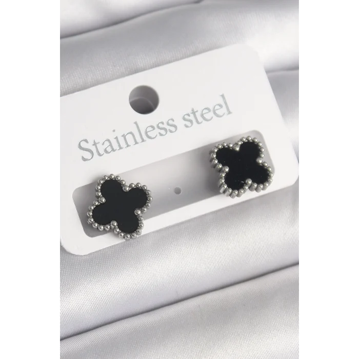 316L Çelik Gümüş Renk Siyah Yonca Model Kadın Küpe