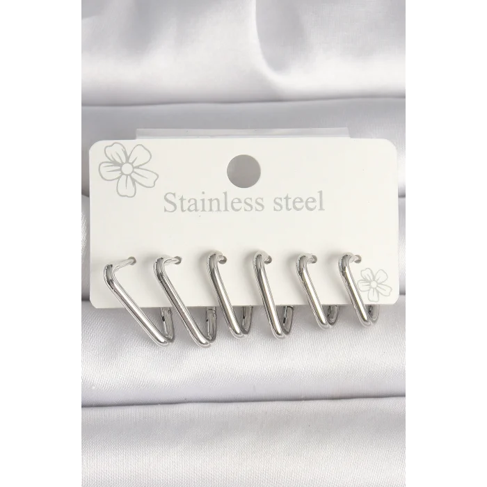 316L Çelik Gümüş Renk Üçgen Model Kadın Küpe Seti