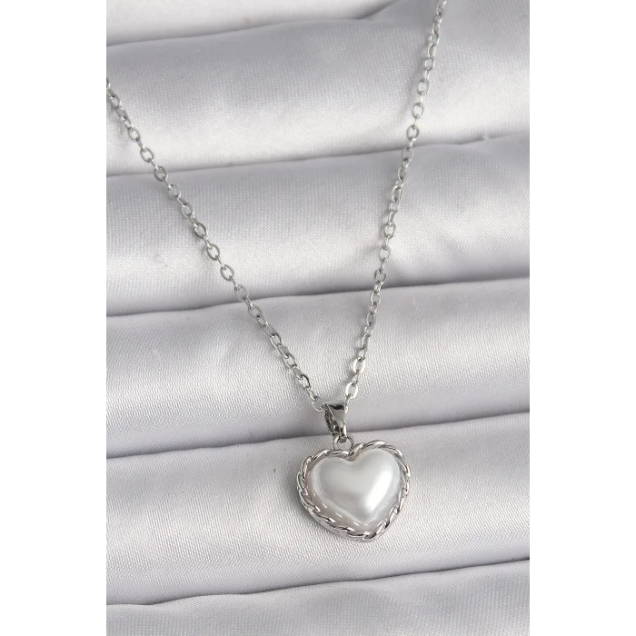 316L Çelik Gümüş Renk Zincir 3D İnci Kalp Model Kadın Kolye