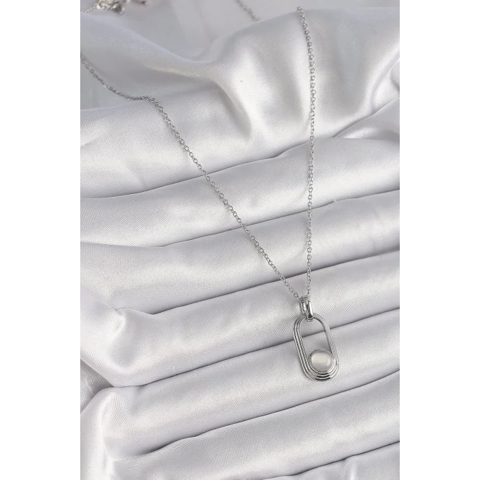 316L Çelik Gümüş Renk Zincir Beyaz Kedi Göz Model Kadın Kolye