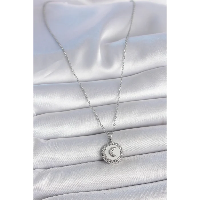 316L Çelik Gümüş Renk Zincir Beyaz Mineli Hilal İşlemeli Madalyon Model Kadın Kolye