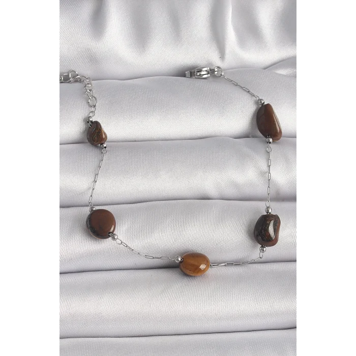 316L Çelik Gümüş Renk Zincir Kahverengi Doğaltaş Model Kadın Bileklik