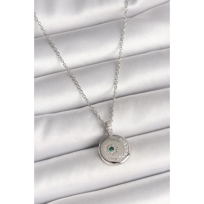 316L Çelik Gümüş Renk Zincir Madalyon Zirkon Taşlı İşlemeli Hilal Yıldız Model Kadın Kolye