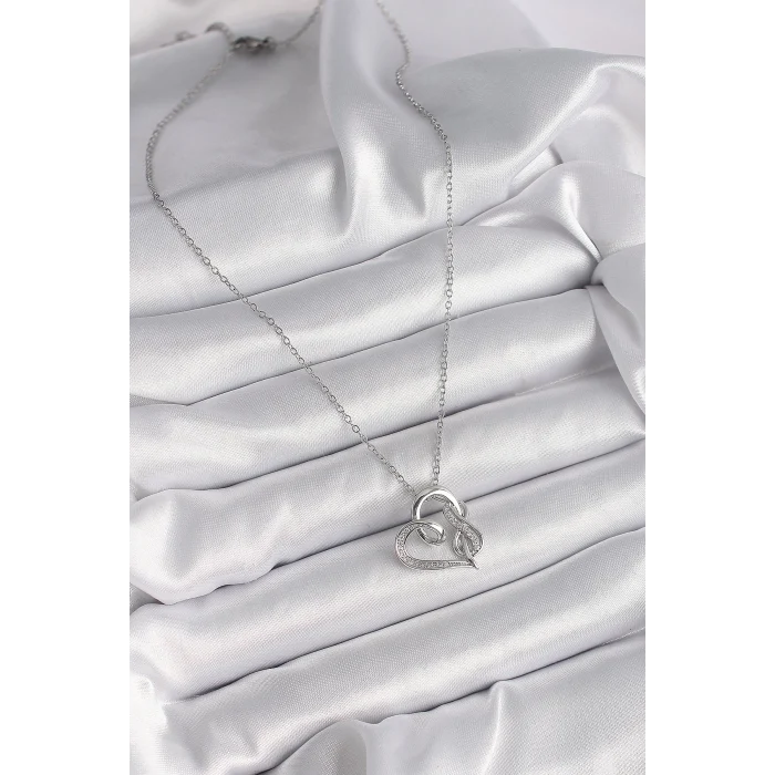 316L Çelik Gümüş Renk Zincir Zirkon Taş Detaylı Kalp Model Sonsuzluk Detay Kadın Kolye