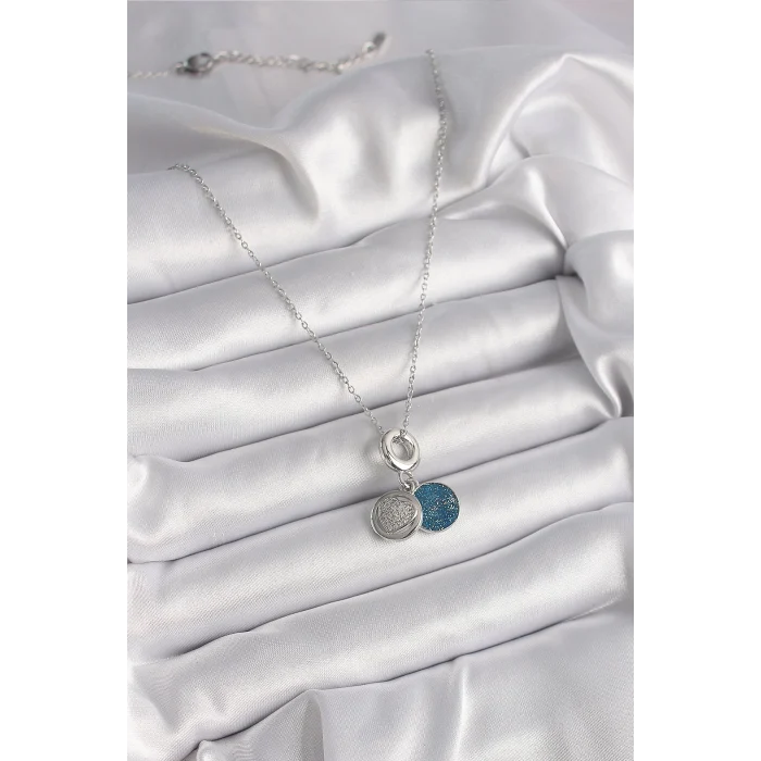 316L Çelik Gümüş Renk Zincir Zirkon Taşlı İşleme Mavi Simli Kadın Kolye