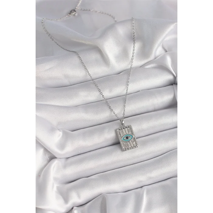 316L Çelik Gümüş Renk Zirkon Taşlı Göz İşleme Detaylı Plaka Model Kadın Kolye