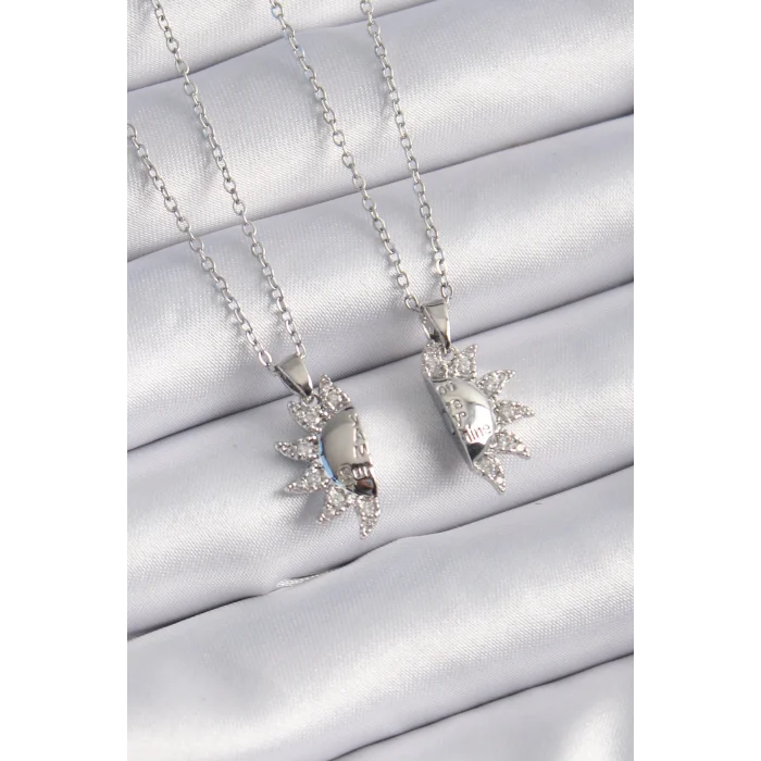 316L Çelik Gümüş Renk Zirkon Taşlı Güneş Model İşleme Yazı Detay Arkadaşlık Kolyesi