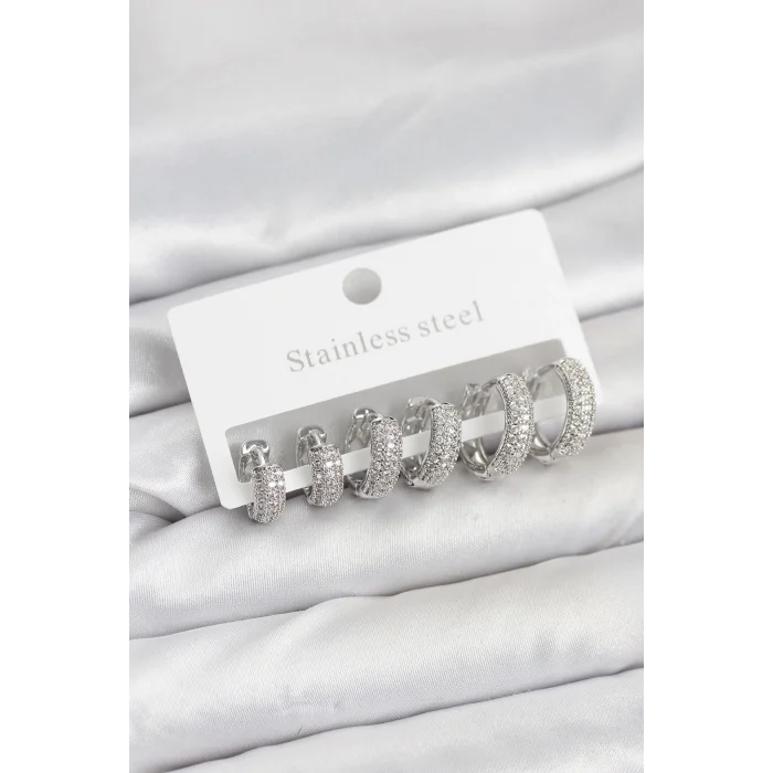 316L Çelik Gümüş Renk Zirkon Taşlı Halka Küpe Seti