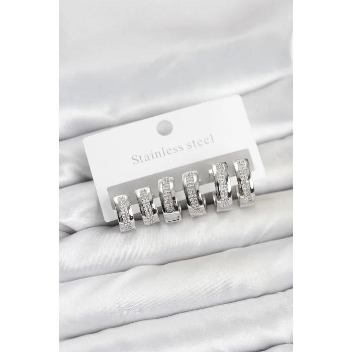 316L Çelik Gümüş Renk Zirkon Taşlı Halka Küpe Seti