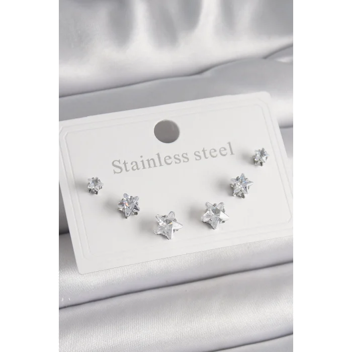 316L Çelik Gümüş Renk Zirkon Taşlı Yıldız Model Kadın Küpe Seti