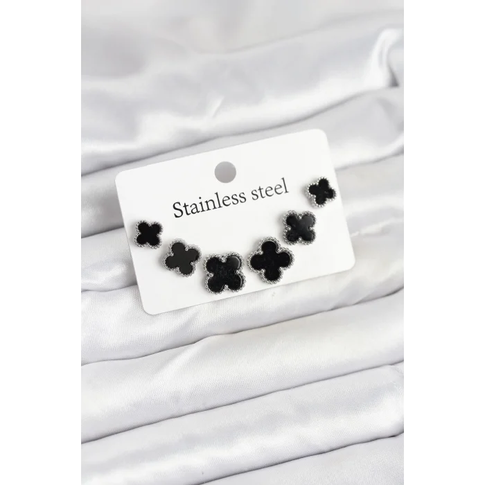 316L Çelik Gümüş Siyah Renk 3 Boy Yonca Küpe Seti