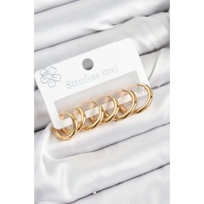 316L Çelik Halka Model Gold Renk 3lü Set Kadın Küpe