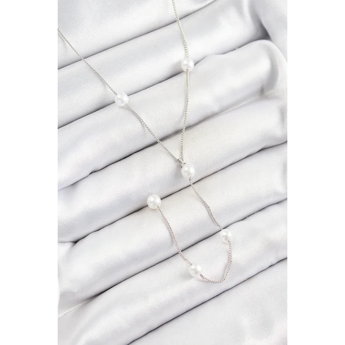 Pirinç İnci Figürlü Y Model Gümüş Renk Kadın Kolye