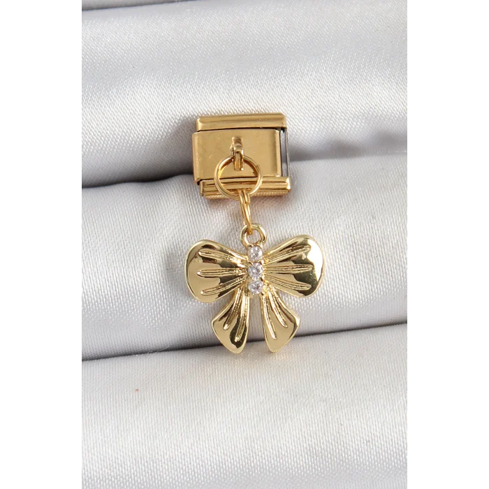 316L Çelik Sallantılı Zirkon Taşlı Fiyonk Model Gold Renk Nomination Charm