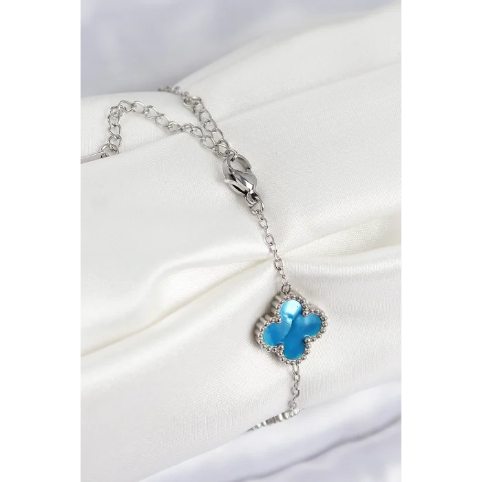 316L Çelik Sedefli Gökyüzü Mavisi Gümüş Renk Yonca Kadın Bileklik