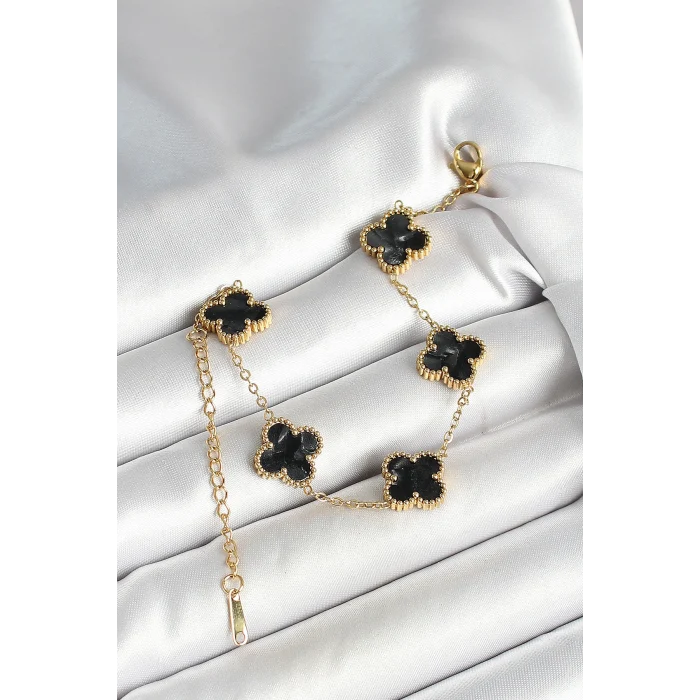 316L Çelik Sedefli Siyah Gold Renk Yonca Kadın Bileklik