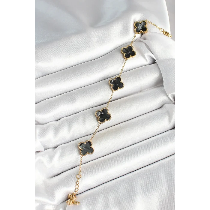 316L Çelik Sedefli Siyah Gold Renk Yonca Kadın Bileklik