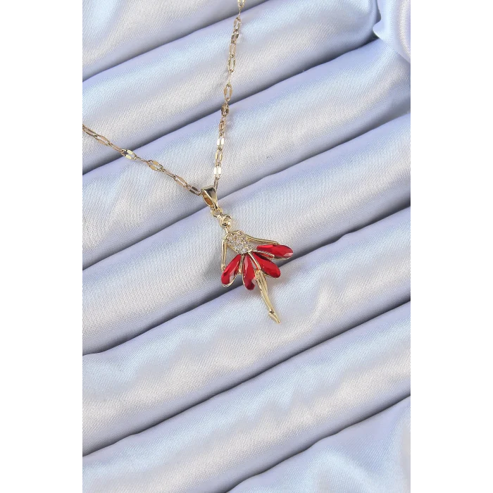 316L Çelik Zincir Altın Renk Kırmızı Etekli Zirkon Taşlı Balerin Kolye